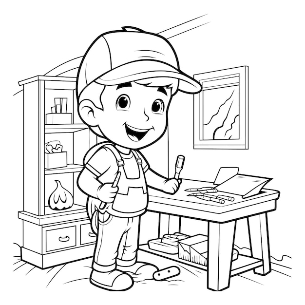 Черно-белая мультфильмная иллюстрация мальчика, ремонтирующего мебель или интерьер дома