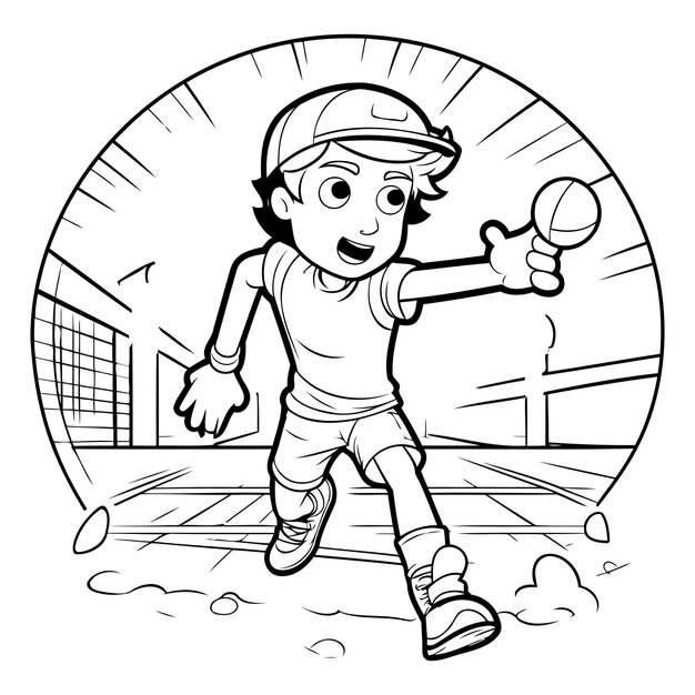 Vector black and white cartoon illustration of kid playing basketball or american football