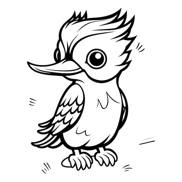 Vector black and white cartoon illustration of a kingfisher bird character for coloring book