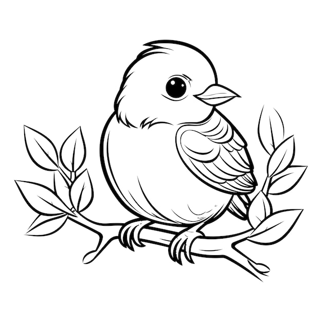 Vector black and white cartoon illustration of a little bird sitting on a branch