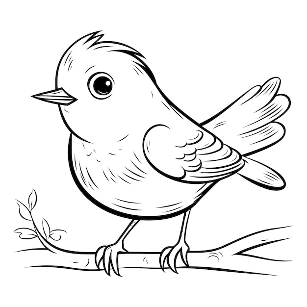 Vector black and white cartoon illustration of little bird or sparrow bird character for coloring book