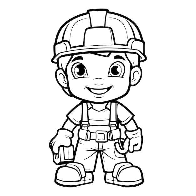 Black and White Cartoon Illustration of Little Boy Construction Worker Character for Coloring Book