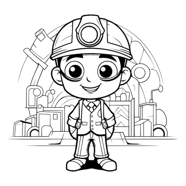 Black and White Cartoon Illustration of Little Boy Construction Worker Character for Coloring Book