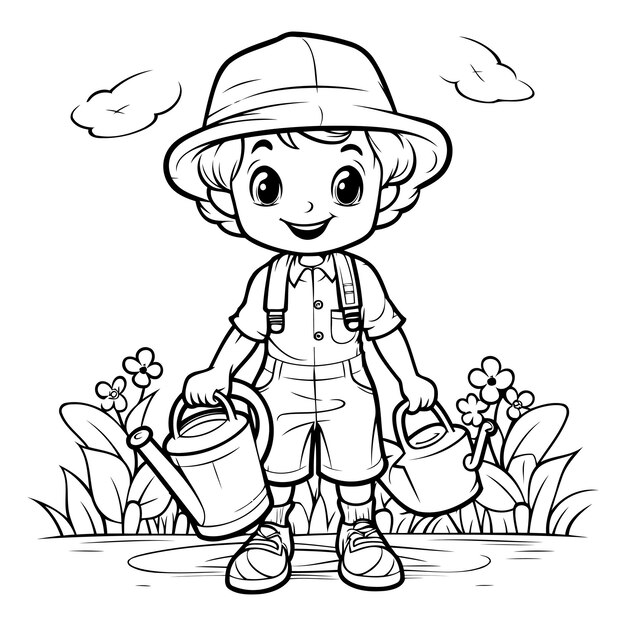 Black and White Cartoon Illustration of Little Boy Gardener or Farmer Character for Coloring Book