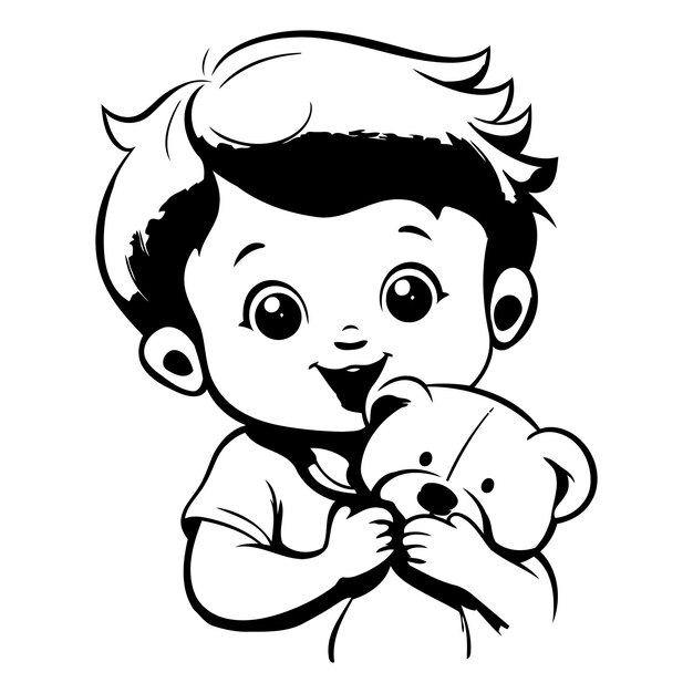 Vettore illustrazione in bianco e nero di un ragazzino che tiene in mano un orsacchiotto
