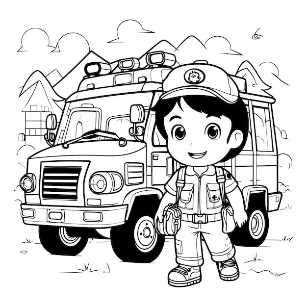 Vector black and white cartoon illustration of a little fireman or fireman with his truck for coloring book