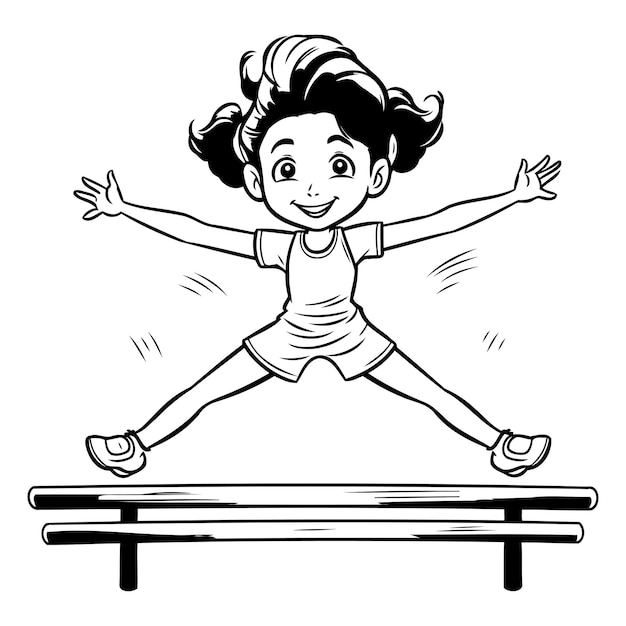 Black and White Cartoon Illustration of Little Girl Jumping on a Treadmill