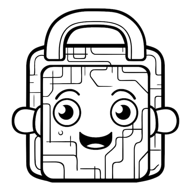 Vector black and white cartoon illustration of a lock padlock comic character