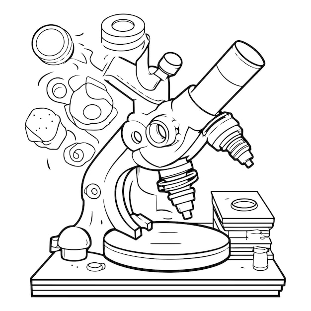 Illustrazione animata in bianco e nero del microscopio per il libro da colorare