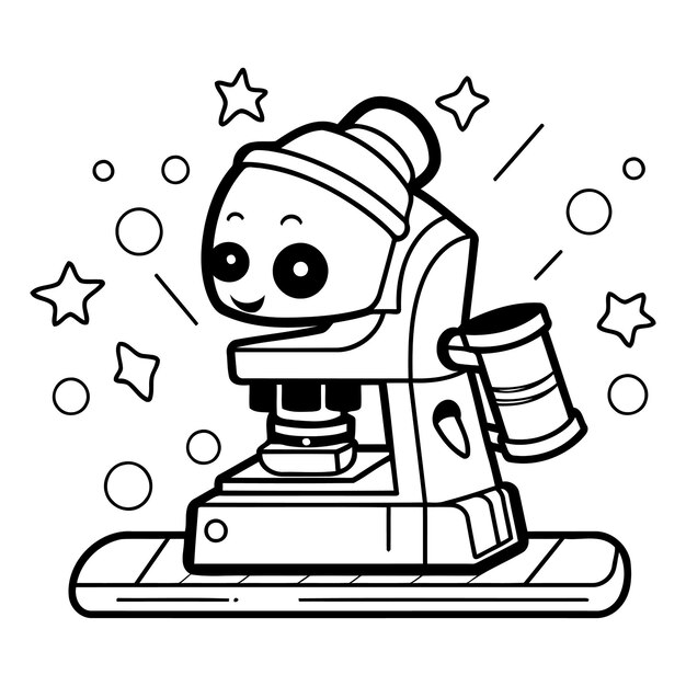 Vector black and white cartoon illustration of a microscope or microscope character for coloring book