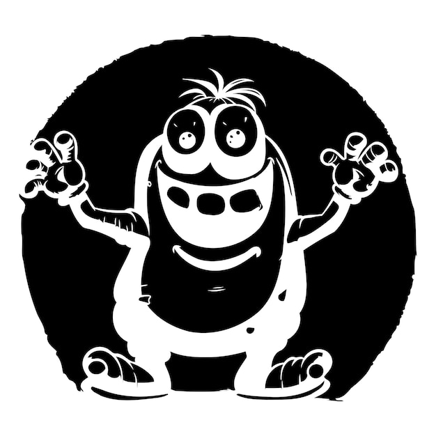 Black and white cartoon illustration of a monster with dumbbells