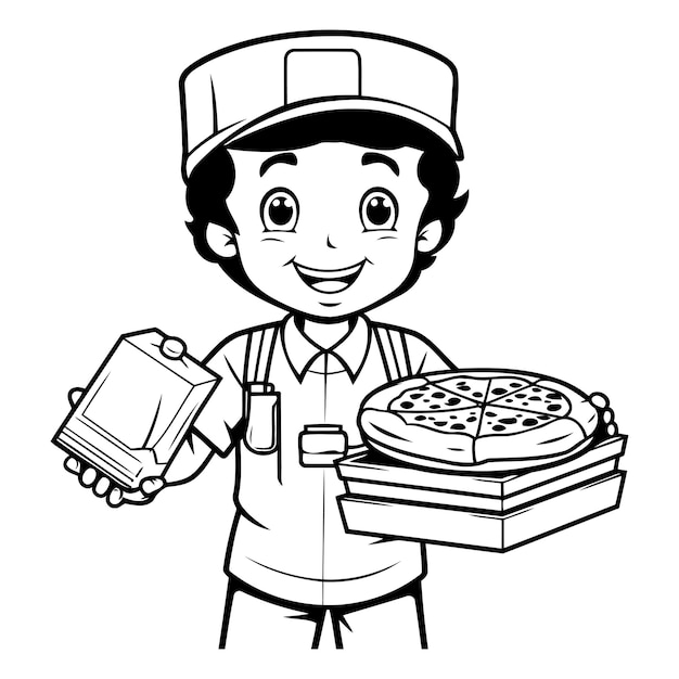Black and White Cartoon Illustration of Pizza Delivery Boy Character with Pizza Boxes