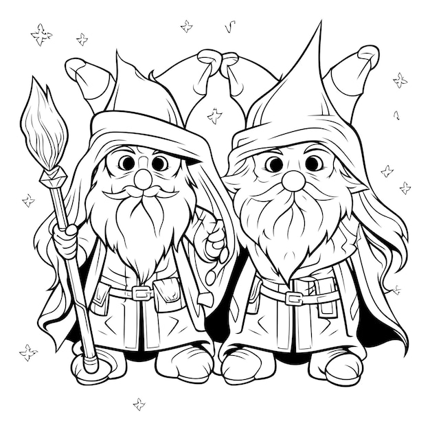 Vector black and white cartoon illustration of santa claus and elf fantasy characters coloring book