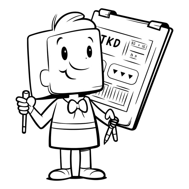 Vector black and white cartoon illustration of school boy student character with diploma