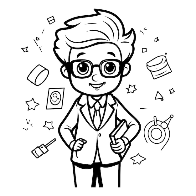 Black and White Cartoon Illustration of School Boy Student or Teacher Character for Coloring Book