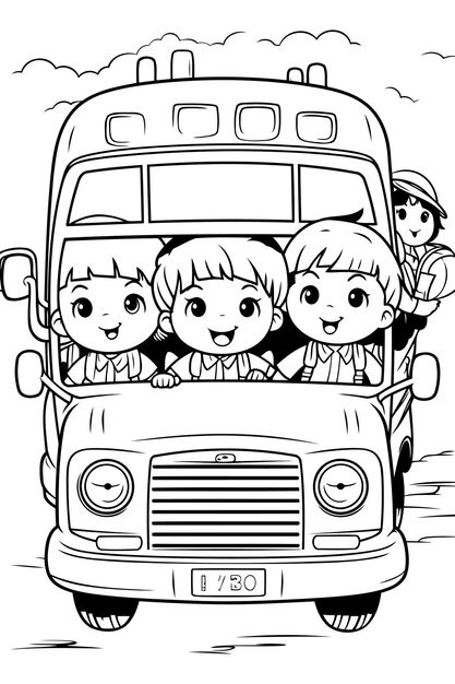 Black and White Cartoon Illustration of School Kids Riding a School Bus or School Bus for Coloring Book