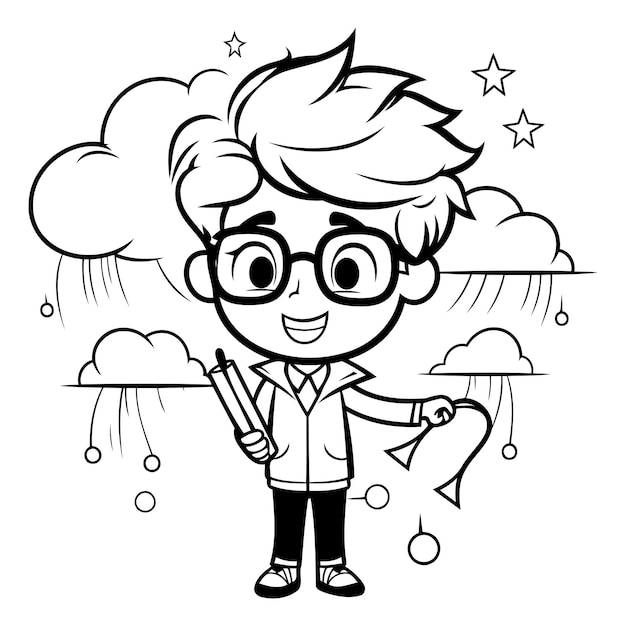 Black and White Cartoon Illustration of Schoolboy with Pencil and Cloud