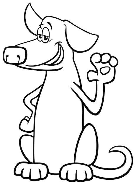 Black and white cartoon illustration of sitting brown dog comic animal character waving his paw coloring page