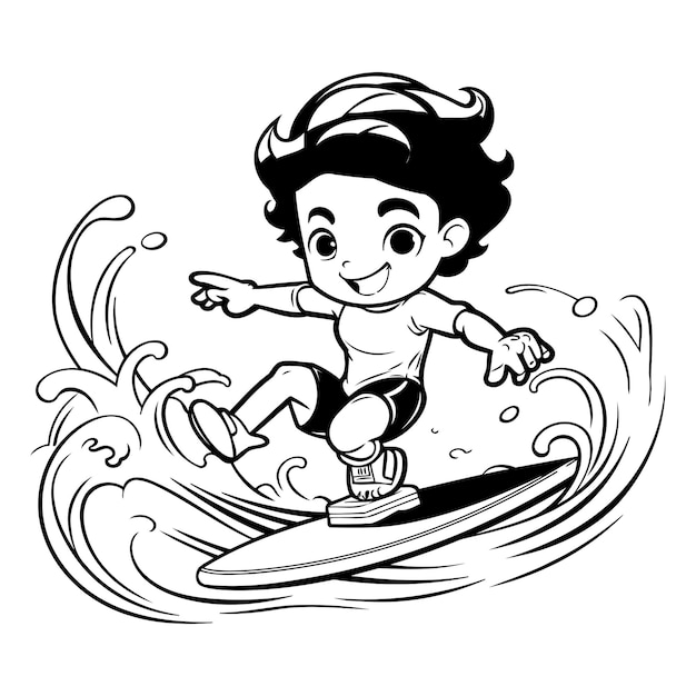 Black and White Cartoon Illustration of a Surfer Boy Riding a Wave