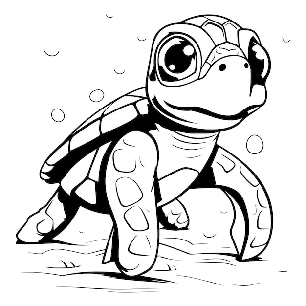 Vector black and white cartoon illustration of turtle animal character for coloring book