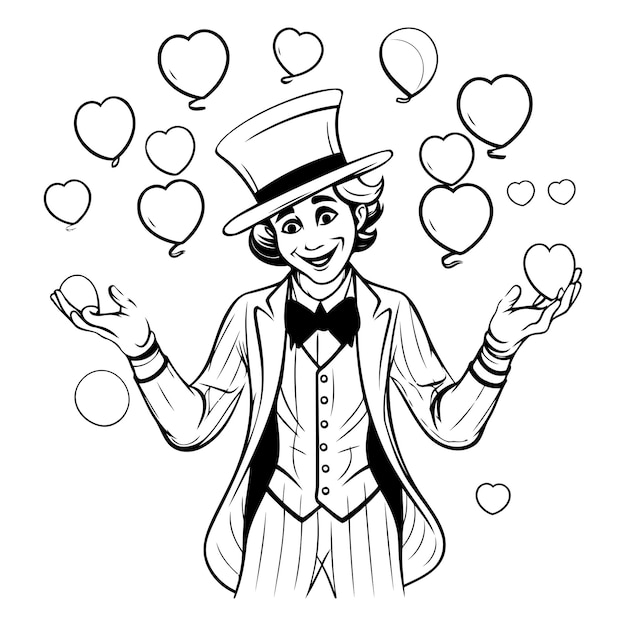 Black and White Cartoon Illustration of a Woman Juggling with Hearts