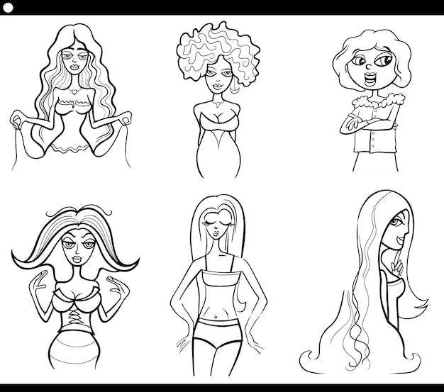 Vector black and white cartoon illustration of women comic characters caricature set