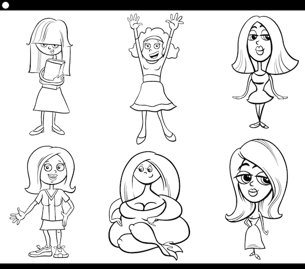 Premium Vector | Black and white cartoon illustration of women comic  characters set