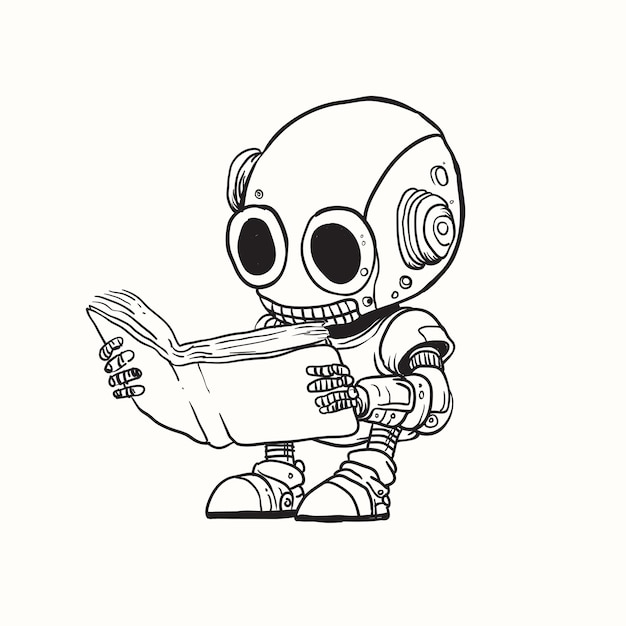 Vector black and white cartoon line drawing of a robot reading a book