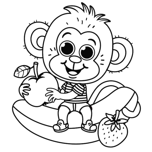 Vector black and white cartoon monkey character illustration sitting among colourful fruits