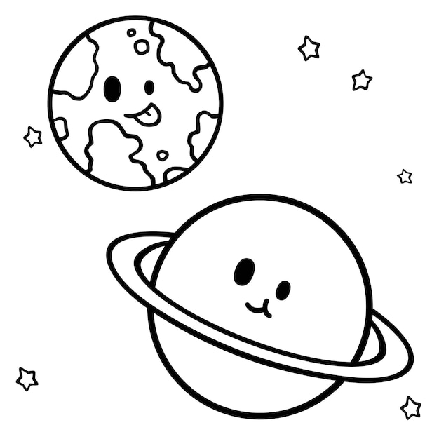 黒と白の漫画の惑星とスペースラインの絵本