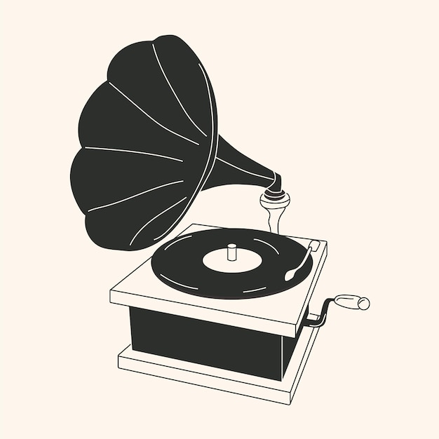 Vector black and white cartoon retro gramophone record player drawing cute vector illustration of vintage