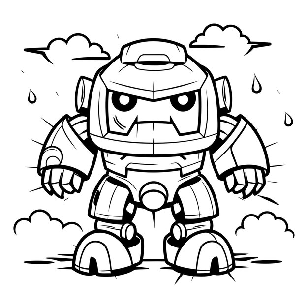 Black and White Cartoon Robot Mascot Character on Cloudy Day