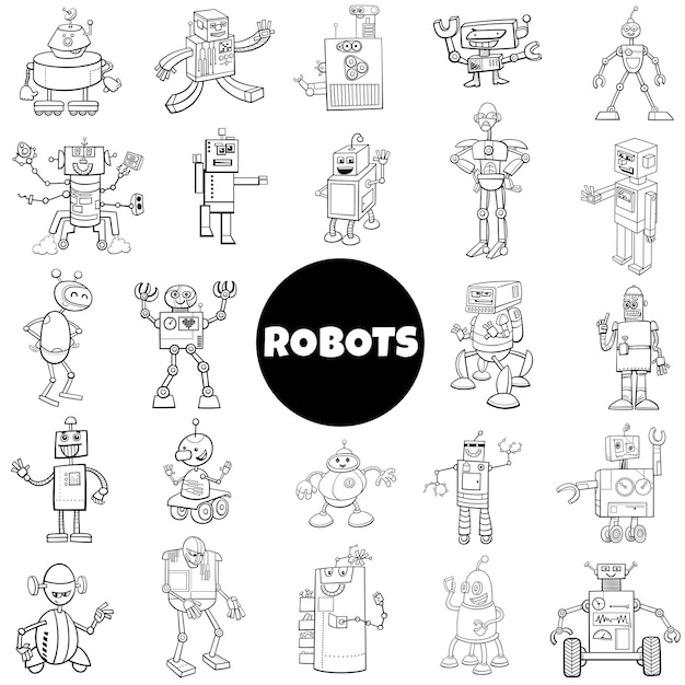 Большой набор персонажей черно-белых мультяшных роботов