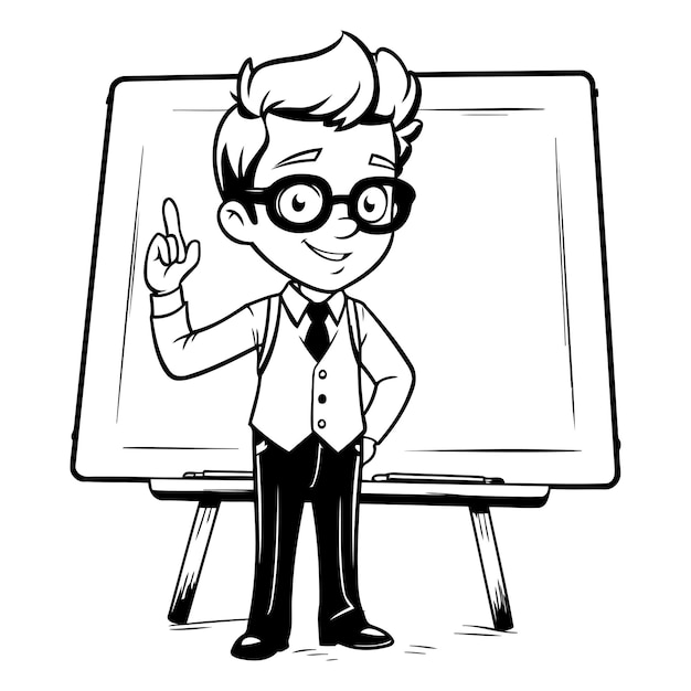 Vector black and white cartoon of teacher or professor with blackboard vector illustration