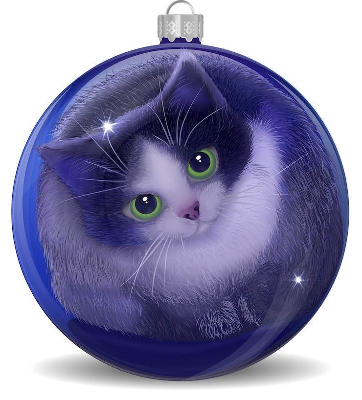 Vector black and white cat in blue christmas ball