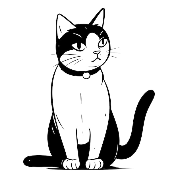 Vector black and white cat sitting on a white background vector illustration