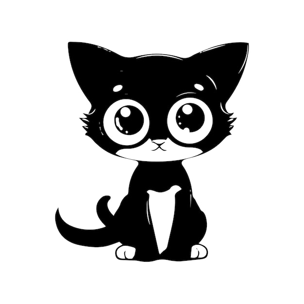 A black and white cat with big eyes sits on a black background