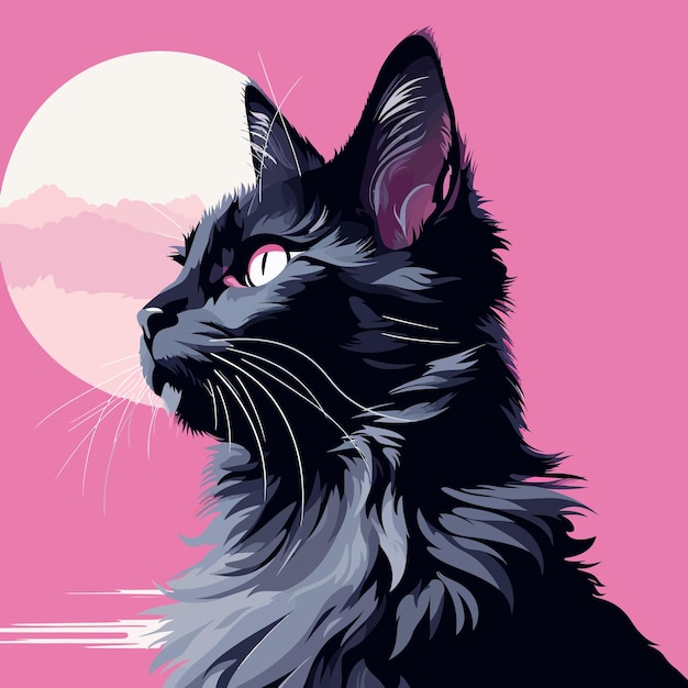 Vector black and white cat with full moon