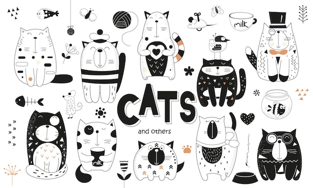 Black and white cats and other set Hand drawn