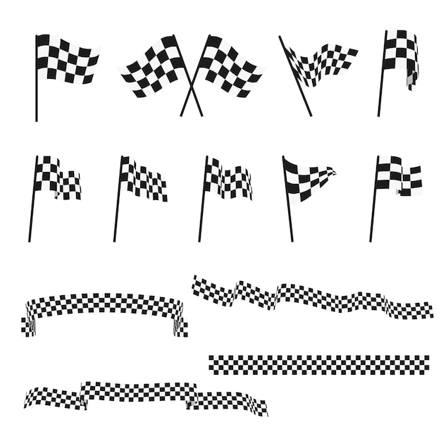 Vettore bandiere di corsa automobilistica a quadretti in bianco e nero e insieme di vettore di rifinitura del nastro