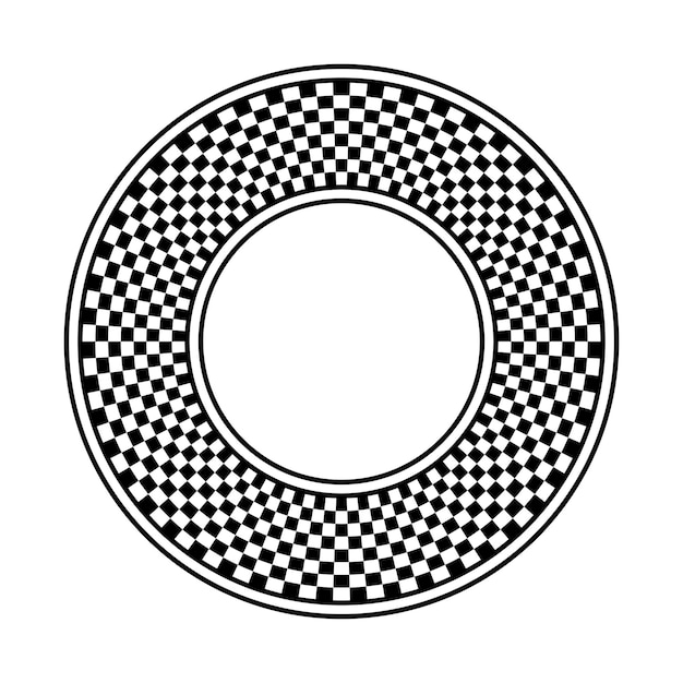 Black and white checkered circle frame vector. Chess board pattern circular border.