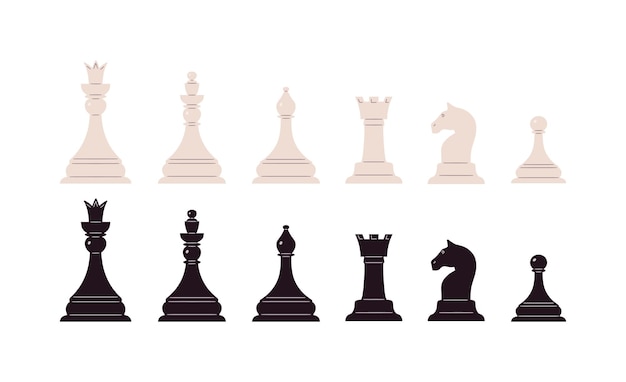 Черно-белые шахматные фигуры Король королева слон ладья лошадь и пешка Настольная игра Шахматные фигуры
