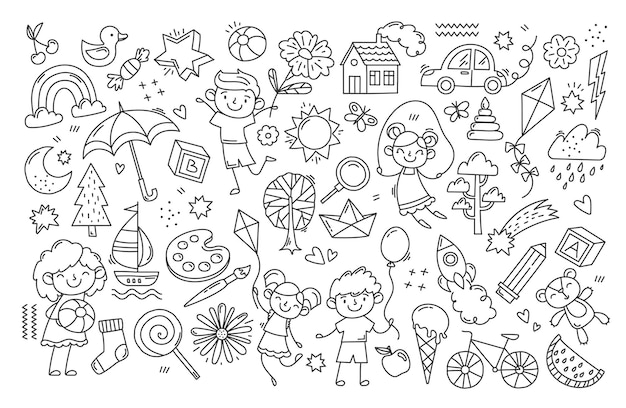 Black and white childs drawing large collection of simple icons various items rocket bear kite boy