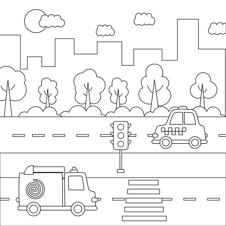 漫画の交通機関と黒と白の街の風景。