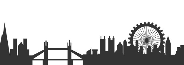 Vettore sfondio del paesaggio urbano bianco e nero edifici della città con ponte e ruota panoramica architettonica moderna in stile piatto carta da parati orizzontale vettoriale