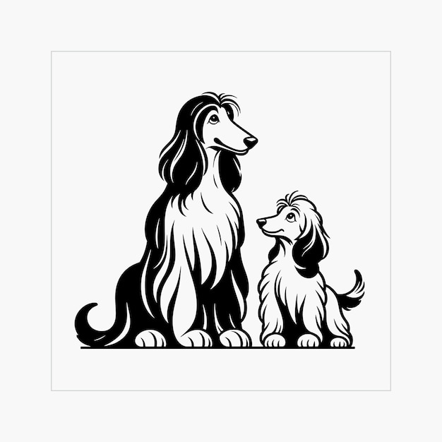 black and white Clipart of a Afghan Hound dog family