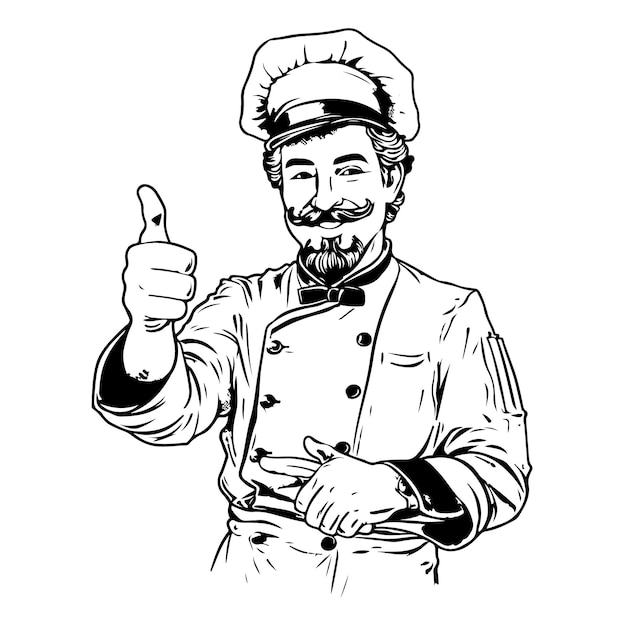 Black and white clipart of a chef giving a thumbup