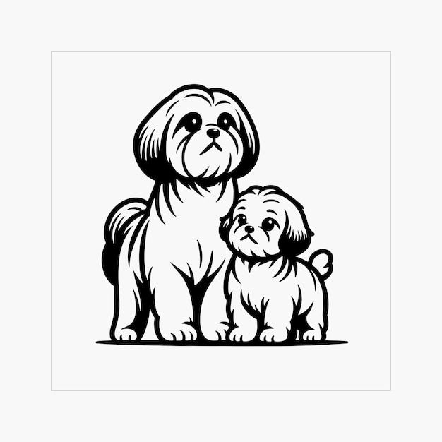 black and white Clipart of a Lhasa Apso dog family