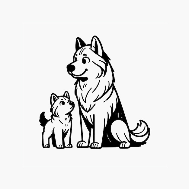 black and white Clipart of a Norwegian Elkhound dog family