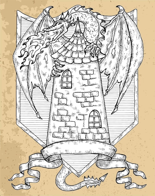 Black and white coat of arms with dragon tower and banner